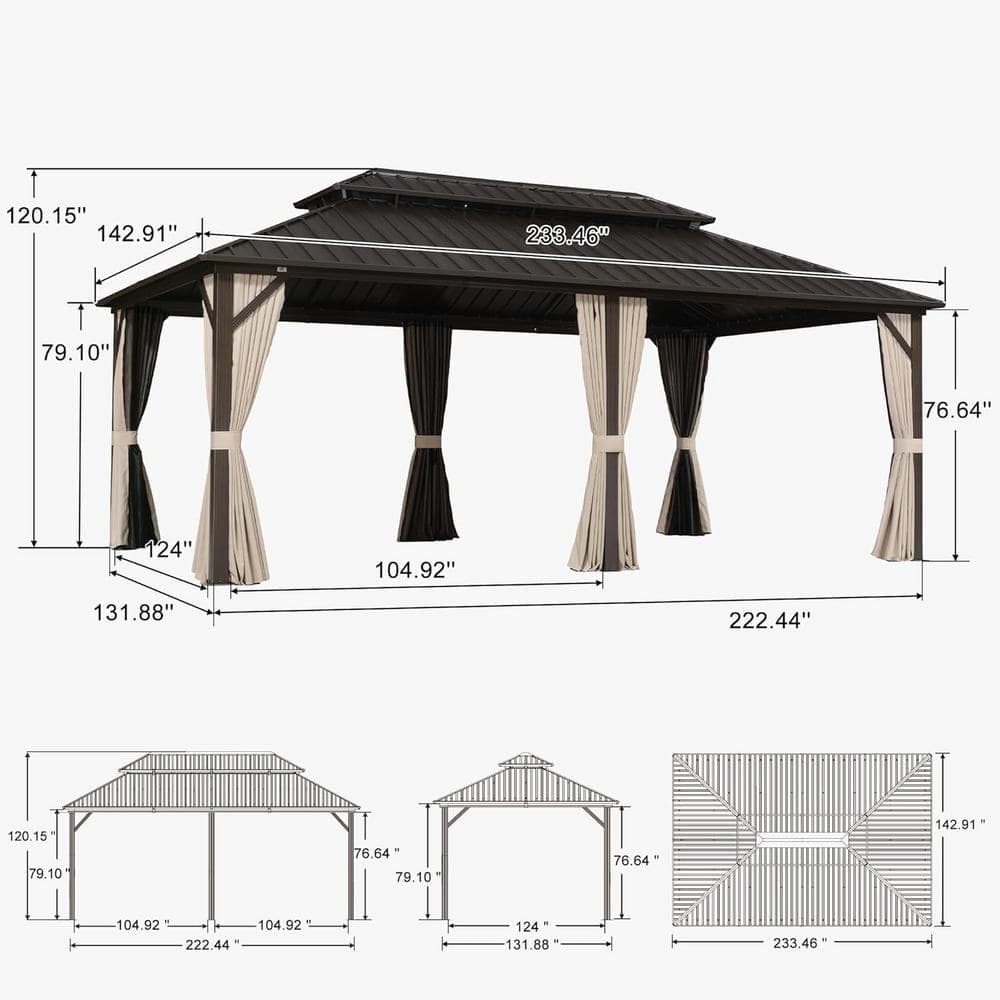 Bronze 12' x 20' Outdoor Hardtop Gazebo with Curtains and Netting