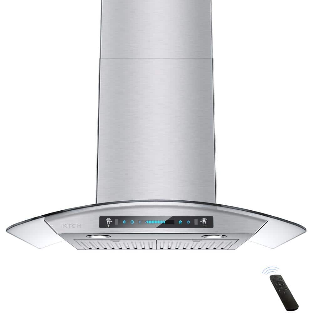iKTCH 35.43 in. Wall Mount Range Hood Tempered Glass 900 CFM in Stainless Steel with LED Light