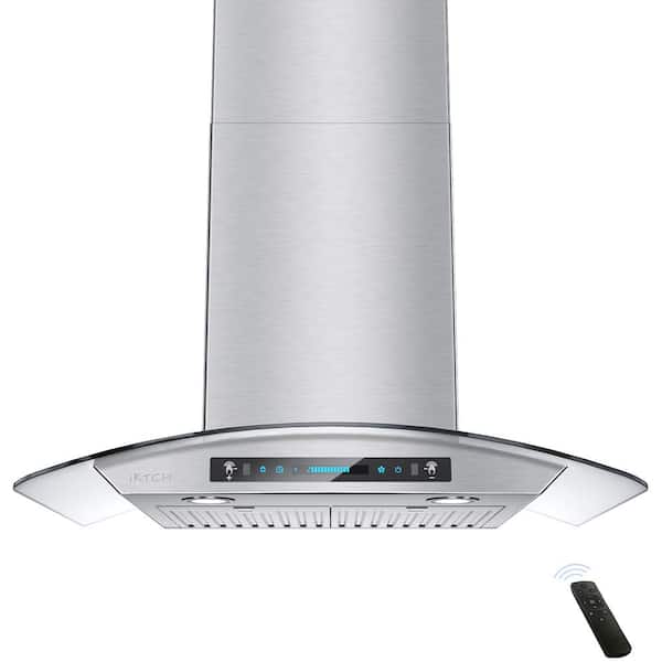 iKTCH 35.43 in. Wall Mount Range Hood Tempered Glass 900 CFM in Stainless Steel with LED Light and Remote Control