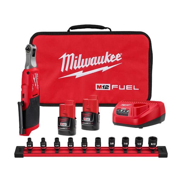 Milwaukee M12 FUEL 12V Li-Ion Brushless Cordless High Speed 1/4 in. Cordless Ratchet Kit w/(2) Batteries, Charger & SAE Socket Set
