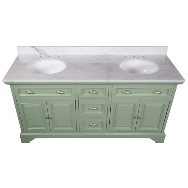 Sadie 67 in. W x 21.5 in. D Vanity in Antique Light Cyan with Marble Vanity Top in Natural White with White Sinks