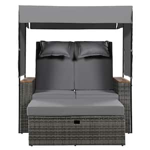 Grey Wicker 2-Pieces Outdoor Patio Lounge Roof Sectional Set with Grey Cushions and Adjustable Backrest