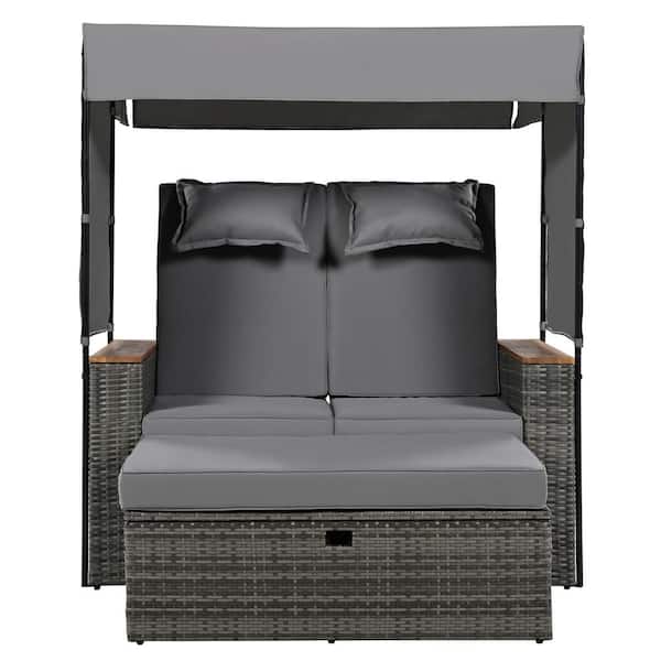 Zeus & Ruta Grey Wicker 2-Pieces Outdoor Patio Lounge Roof Sectional Set with Grey Cushions and Adjustable Backrest