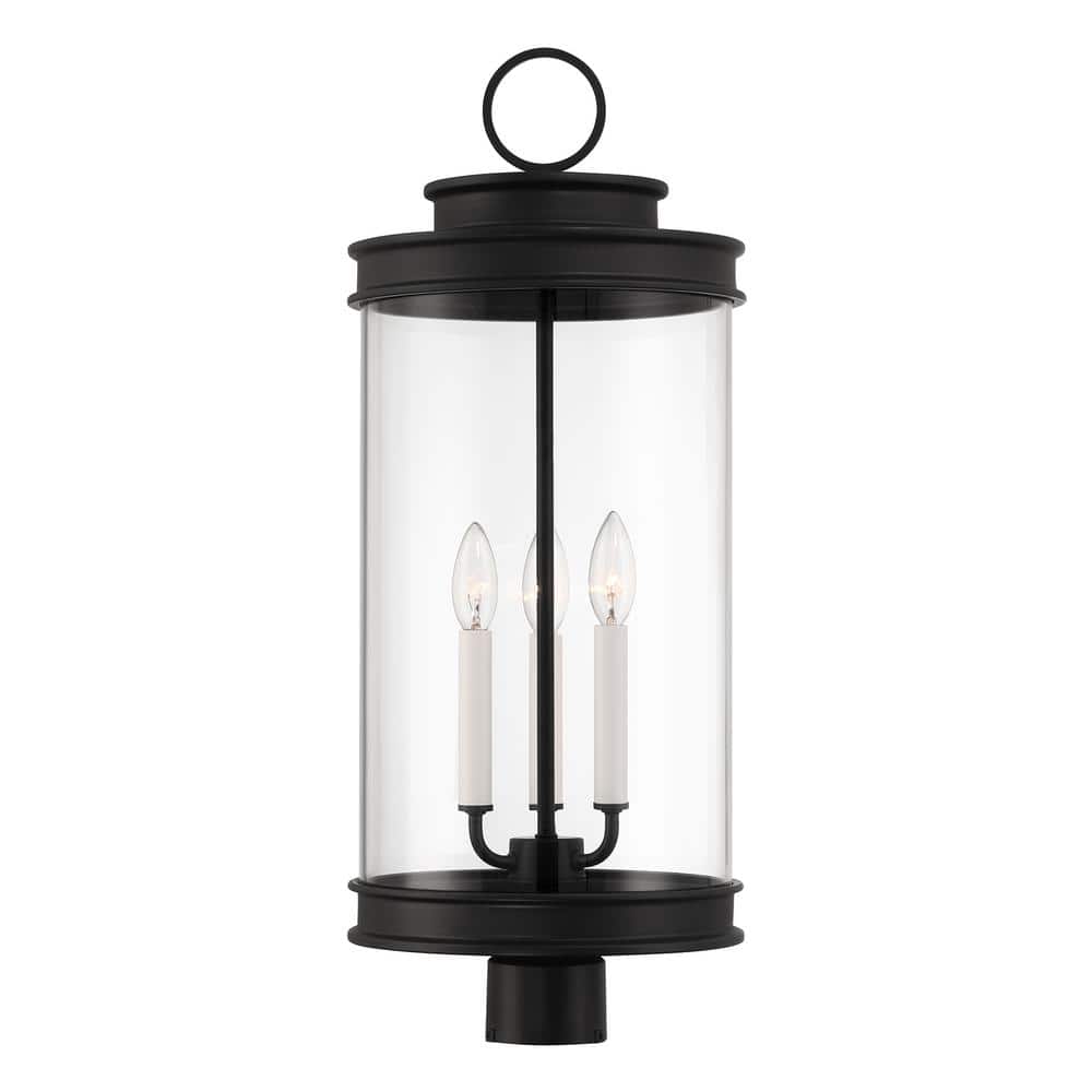 Matte Black 3-Light Outdoor Post Lantern with Clear Glass Shade