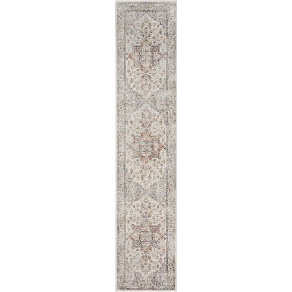Nourison Astra Machine Washable Grey Multicolor 2 ft. x 12 ft. Distressed Traditional Runner Area Rug