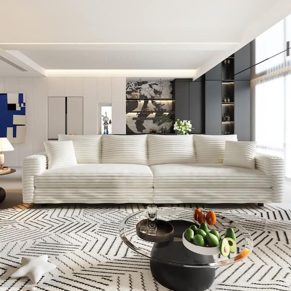 102.4 in. Square Arm Corduroy Rectangle Sectional Sofa in Beige/White (Seats 4)