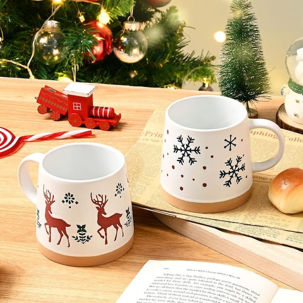 Numhew White Ceramic 14 oz. Christmas Coffee Mugs Set with Festive Christmas Themed Design (Set of 4)