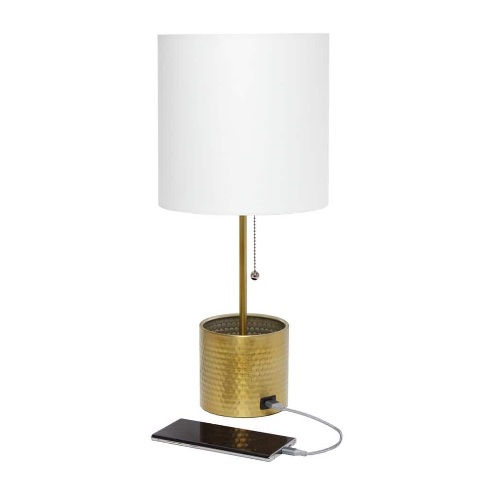 Gold Hammered Metal Nightstand Lamp with White Fabric Shade and USB Port