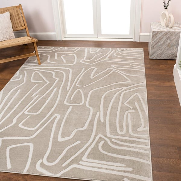 JONATHAN Y Alcina Modern Scandinavian Graphic Lines High-Low Beige/Cream 5 ft. x 8 ft. Area Rug