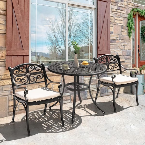 Nuu Garden Black with Gold-Painted Edge 3-Piece Cast Aluminum Outdoor Bistro Set with Olefin Beige Cushions and Umbrella Hole