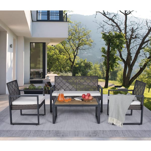 Zeus & Ruta Black Brown 4-Piece Wicker Patio Conversation Set with Acacia Wood Tabletop and Beige Cushions
