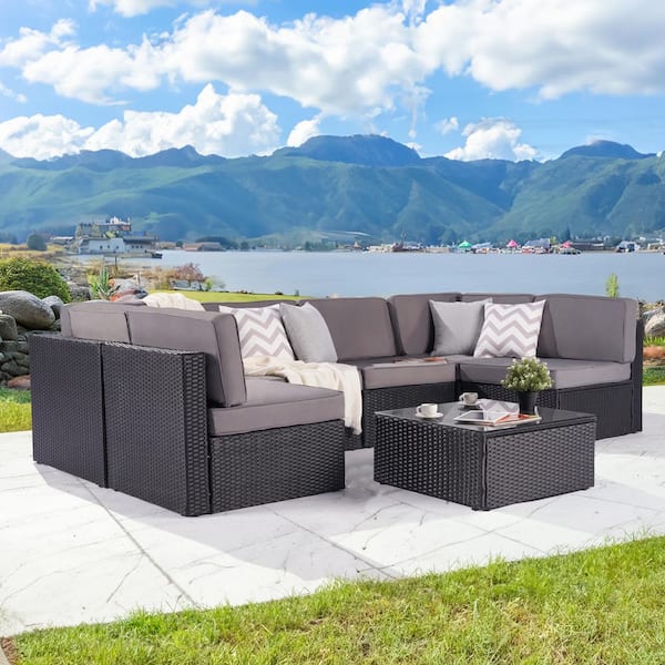 7-Piece Patio Conversation Sofa Set Furniture Sectional Seating Set with Gray Cushion & Tempered Glass Desktop