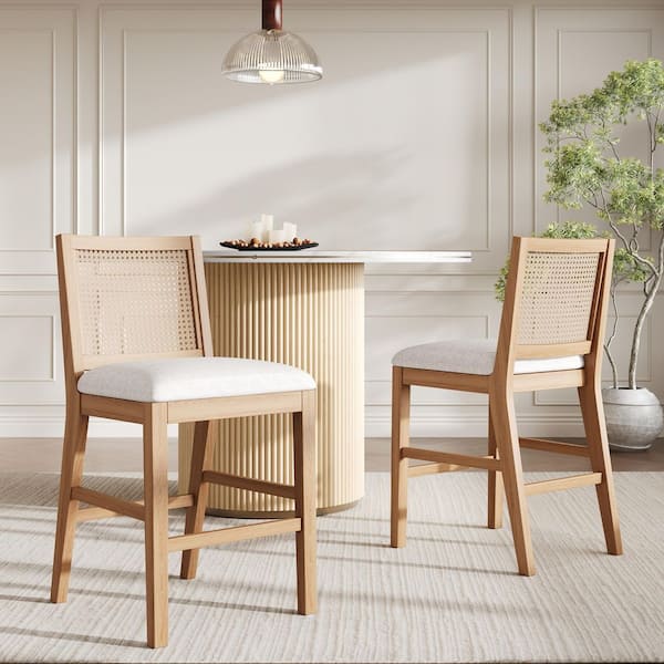 Gissing 38.5 in. H Natural Solid Wood Bar Stool with Grey Cushions, Counter Height Stools with Rattan Back, Set of 2