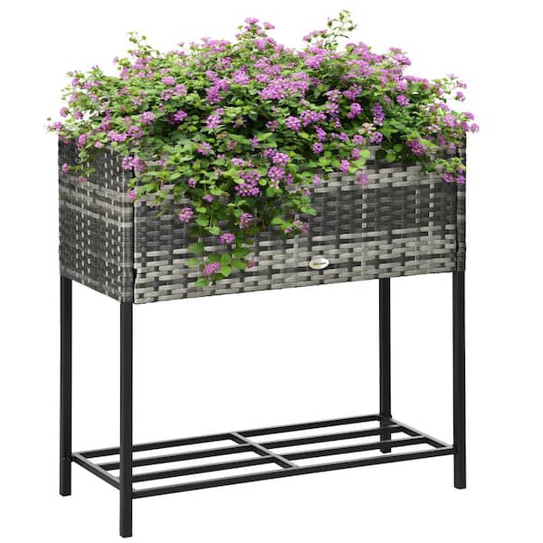 Unbranded Rattan Wicker Raised Garden Bed with Tool Shelf, Portable Elevated Planter for Herbs, Vegetables and Flowers