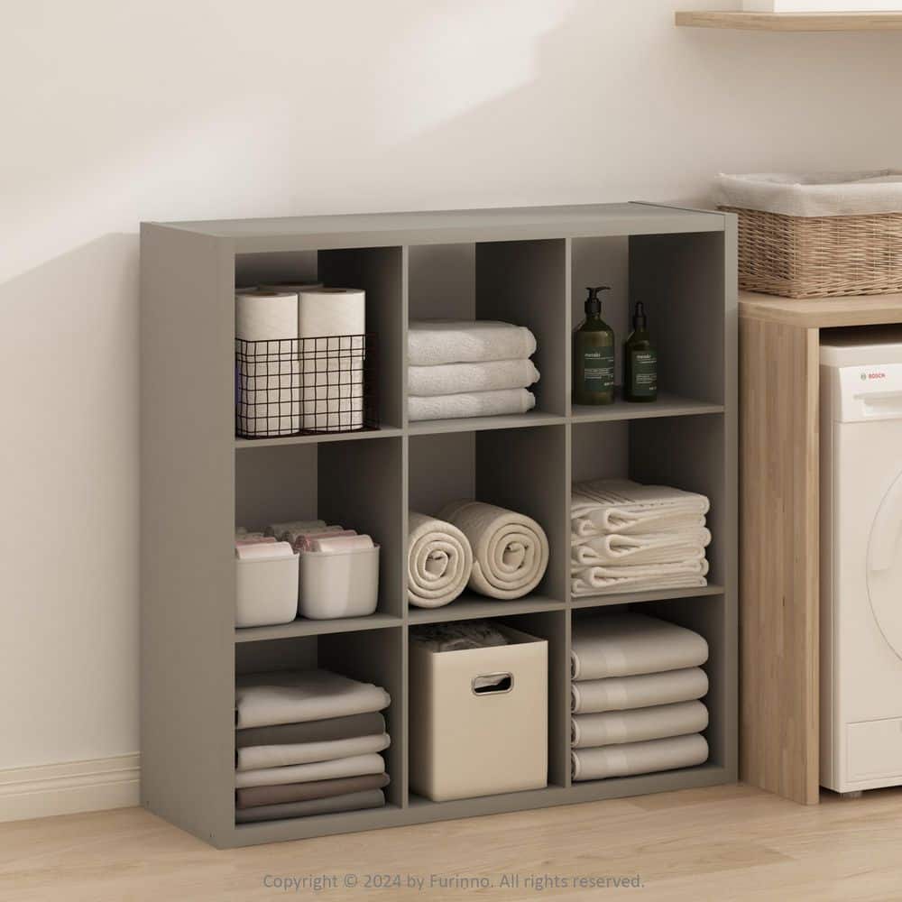 Furinno Simple 43.78 in. Tall Light Grey Wood 9-Cube Bookcase