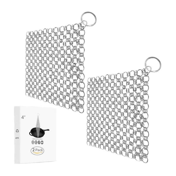2 Pack Stainless Steel Chainmail Cast Iron Scrubber Set Silver Durable Rust-Resistant Mesh Kitchen Accessory