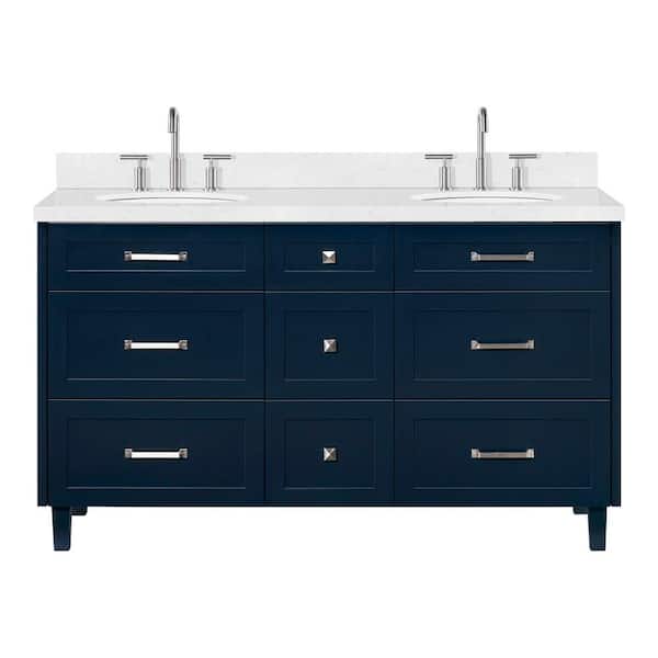 Monroe 60 in. Double Sink Freestanding Bathroom Vanity in Midnight Blue with Carrara White Quartz Top
