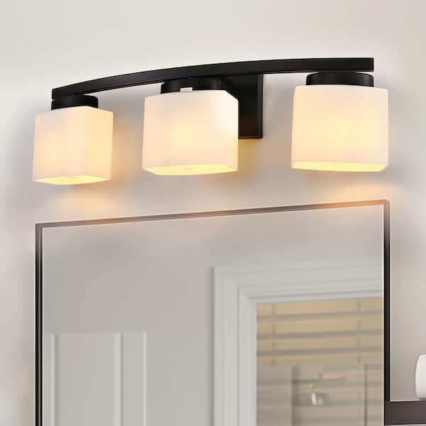 24 in. 3 Light Matte Black Vanity Light for Bathroom with Curved Arms and Milk White Shades
