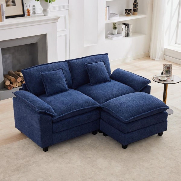 74.8 in. Chenille Fabirc Pillow Top Arm L-Shaped 3-Seat Sectional Sofa Couch with Ottoman in Dark Blue