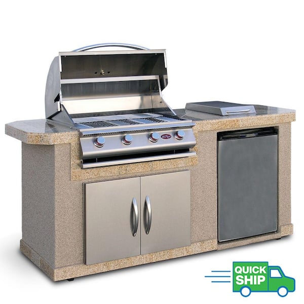 Cal Flame 7 ft. Stucco Grill Island with 4-Burner Gas Grill in Stainless Steel
