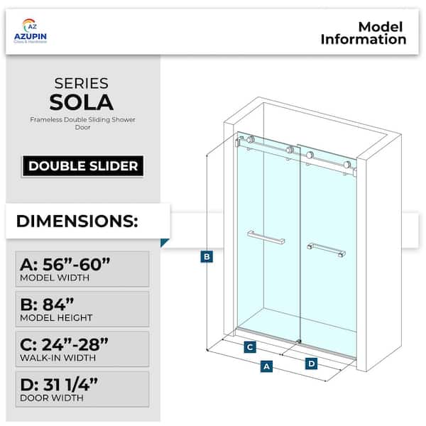 sola AZUPIN Sola 56-60 in. W x 84 in. H Double Sliding Frameless Shower