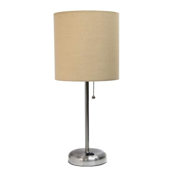 Creekwood home 19.5 in.Brushed Steel/Tan Contemporary Bedside Power Outlet Base Standard Metal Table Desk Lamp