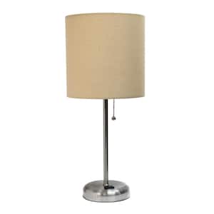 19.5 in.Brushed Steel/Tan Contemporary Bedside Power Outlet Base Standard Metal Table Desk Lamp