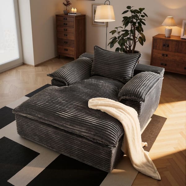 Toly Gray Plush Corduroy Modern Deep Seat Sleeper Bed Chaise Lounge Sofa Square Arm with Pillows