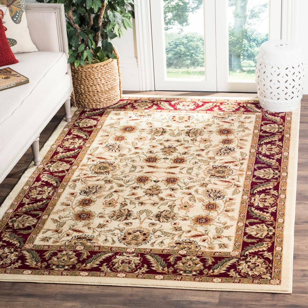 Ivory and Red Traditional Floral Medium Pile Area Rug
