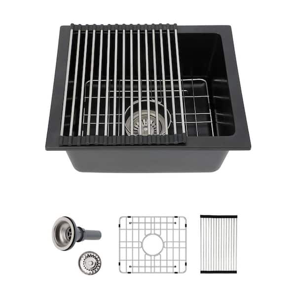 Sarlai 18 in. Undermount Single Bowl Black Quartz Composite Kitchen Prep Sink Granite Bar Basin Round Corner with Bottom Grid