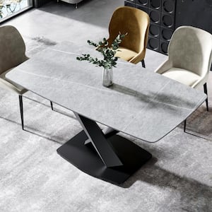 63 in. Round Edge Gray Sintered Stone Rectangle Dining Table Top with Black Cross Legs (6 Seats)