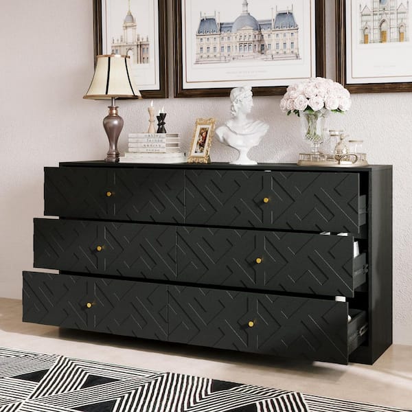Black Embossed 6-Drawer 63 in. Chest of Drawers with Gold Knobs, Modern Artistic Storage for Bedroom or Living Room