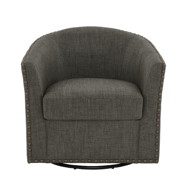 Uixe Comfy Gray Linen Nailhead Trim Upholstered Swivel Barrel Arm Chair With Metal Base(Set of 1)