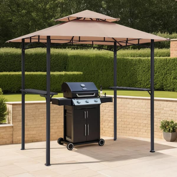 8 ft. x 5 ft. Outdoor Black Steel 2-Tier Vented Barbecue Grill Gazebo with Tan Canopy