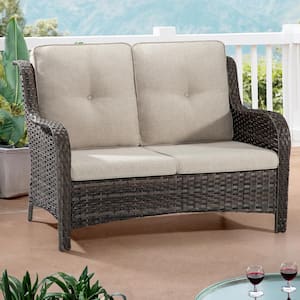 Brown Wicker Outdoor Couch Patio Loveseat Deep Seating with Beige Cushions