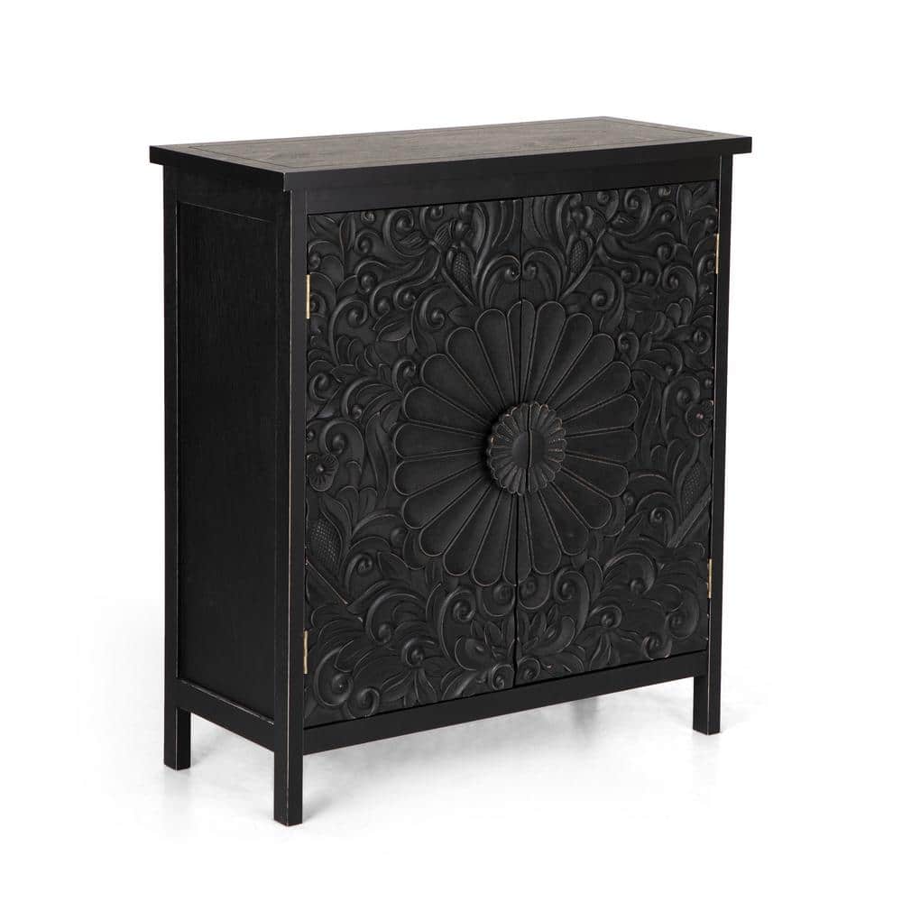 Black Carved Floral Pattern 2-Door Accent Cabinet