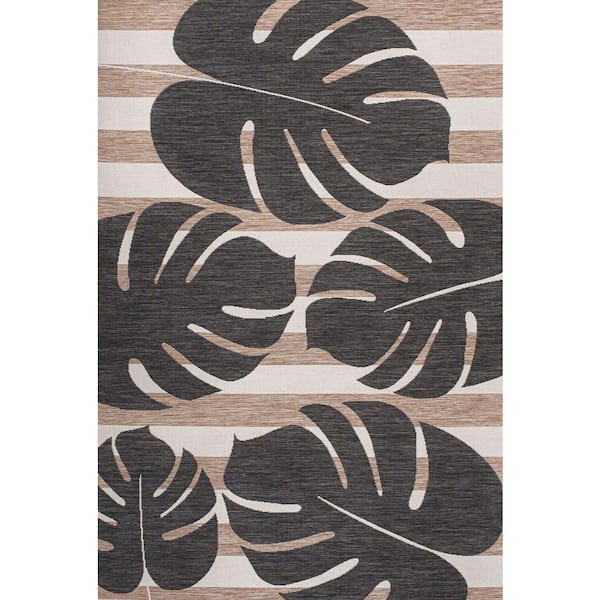 Allison Classic Beach Stripe and Monstera Leaf Black/Beige 3 ft. x 5 ft. Indoor/Outdoor Area Rug