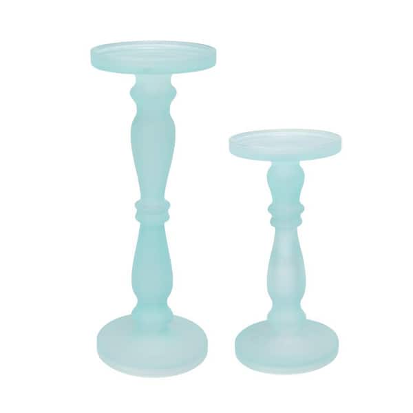 Benjara Blue Glass Candle Holders with Turned Pedestal Stand