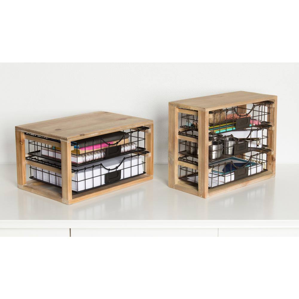 Rustic Wood and Metal 2-Drawer Letter Tray Organizer