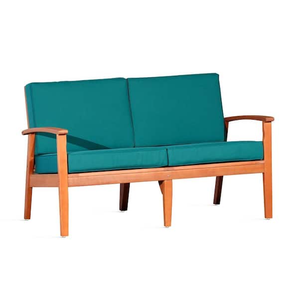 Zeus & Ruta Natural Oil Eucalyptus Wood Outdoor Loveseat with Dark Green Cushions