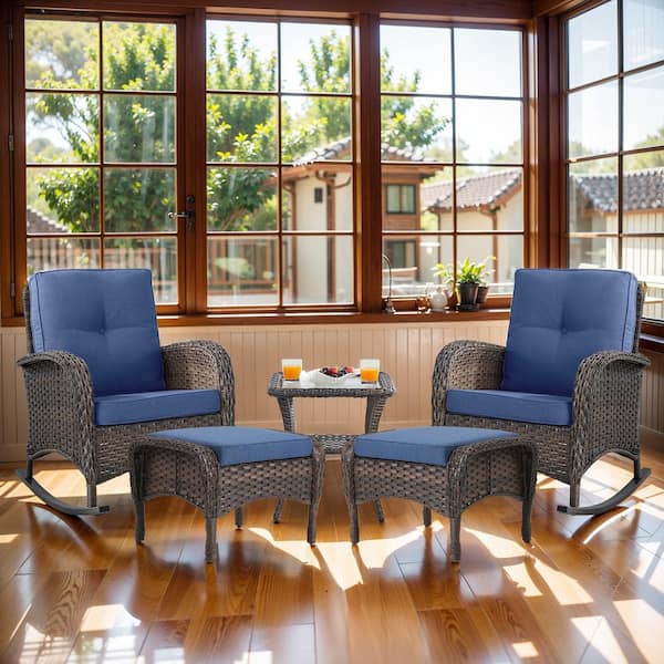 Opohoro Brown 5-Piece Wicker Patio Conversation Set with Rocking Chairs, Balcony Conversation Set with Navy Blue Cushions