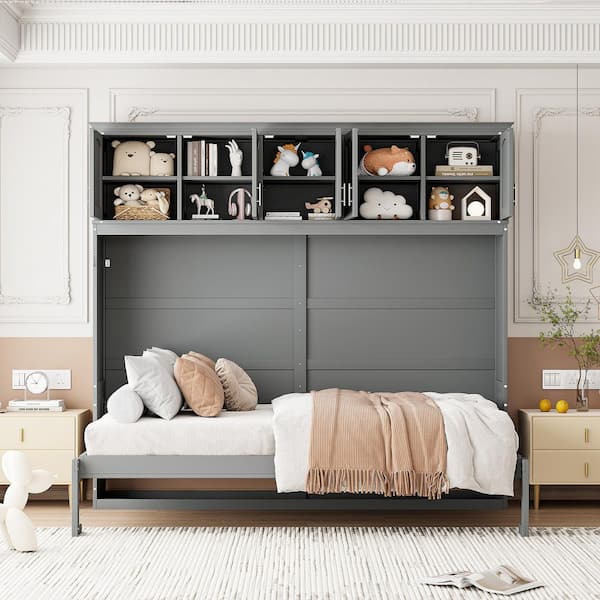 Harper & Bright Designs Gray Wood Frame Queen Size Murphy Bed with 5 Top Storage Cabinets