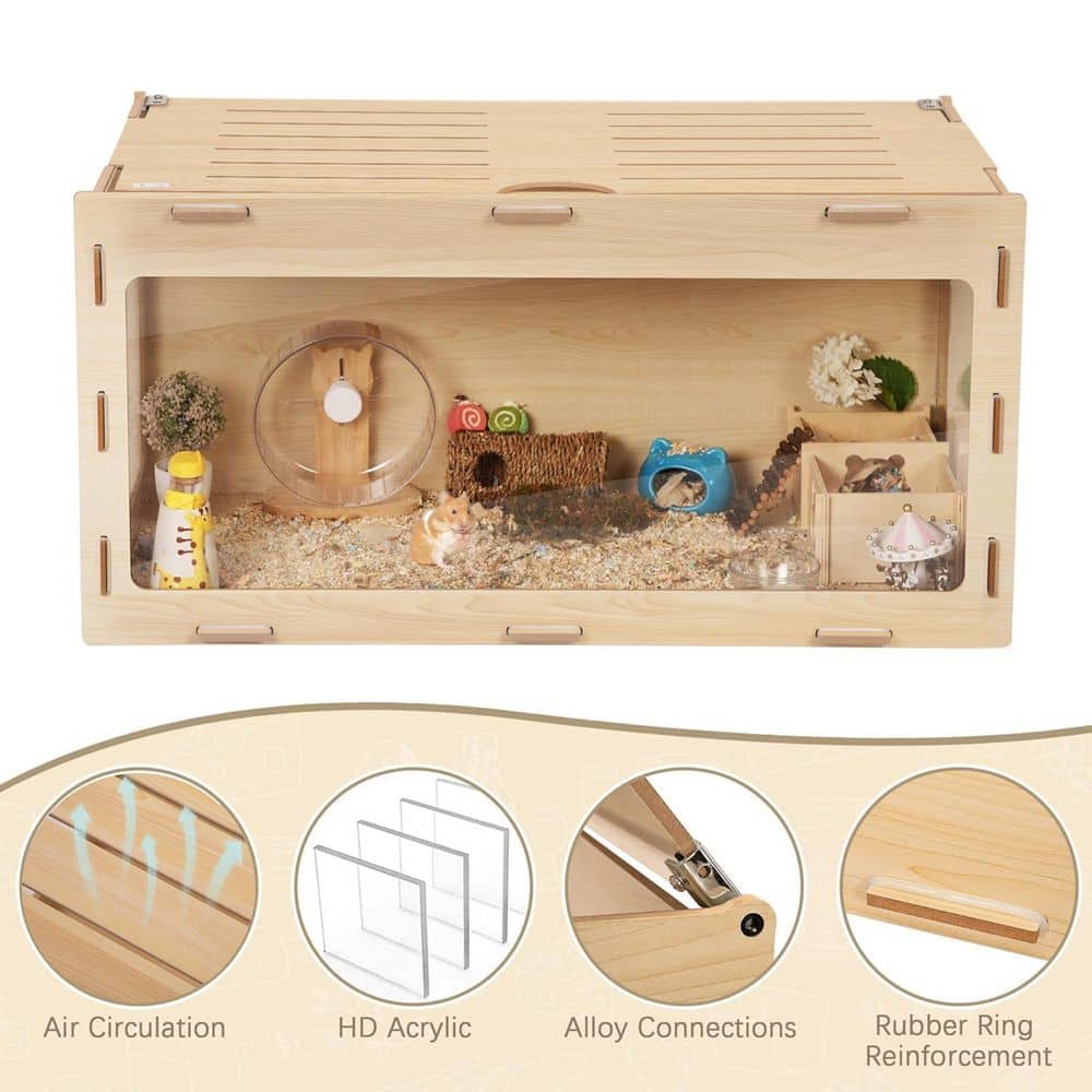 Natural Wood Large Hamster Cage with Acrylic Panels