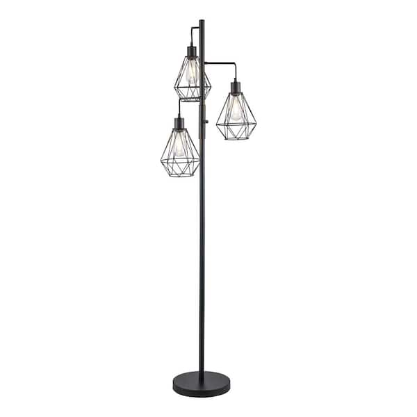 Hampton Bay Winfield 69 in. 3-Light Black Floor Lamp with Metal Shades ...