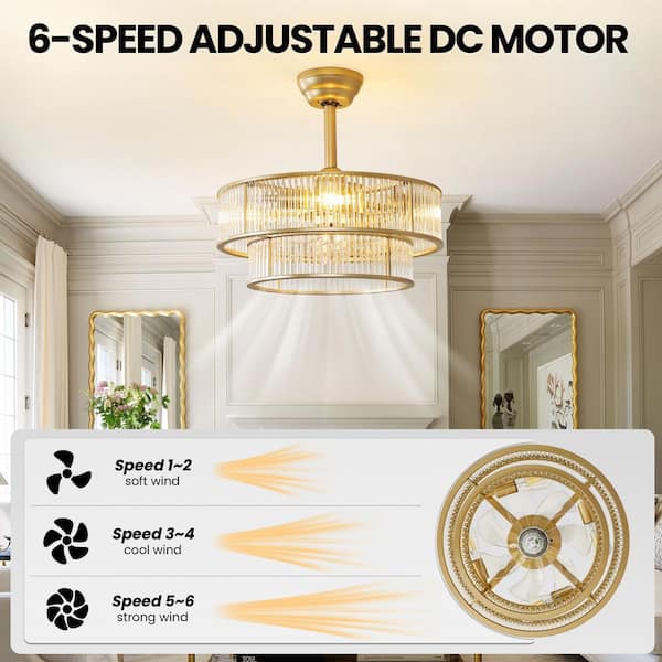 20 In. Indoor Gold Enclosed Caged Crystal Layered Ceiling Fan With Light And Remote Control 6-Speed Reversible Motor