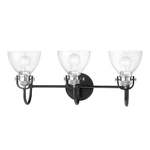 Monico 26 in. 3-Light Black and Polished Nickel Vanity Light with Clear Seeded Glass Shades