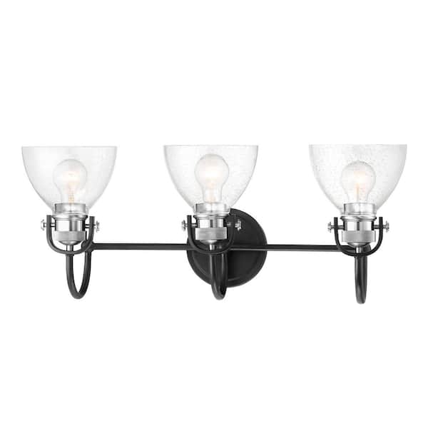 Minka Lavery Monico 26 in. 3-Light Black and Polished Nickel Vanity Light with Clear Seeded Glass Shades