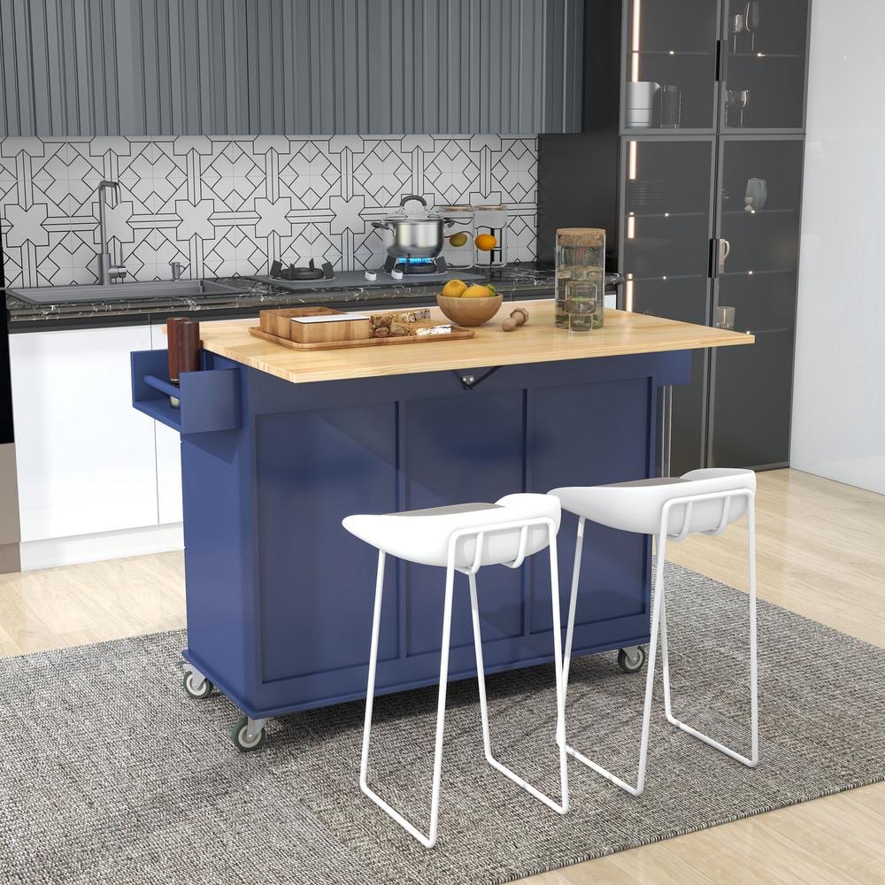 OLUMAT Blue Solid Wood 52.7 in. Kitchen Island with Storage Cabinet and ...