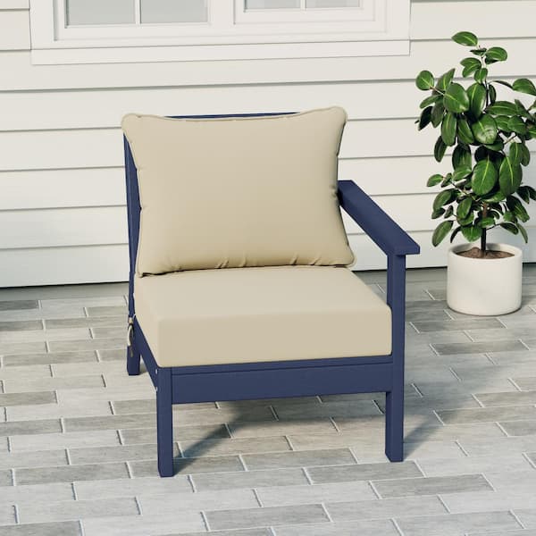 Birchwood Outdoor Patio Deep Seating Right Facing Arm HDPE Lounge Chair in Navy Blue with Beige Cushions