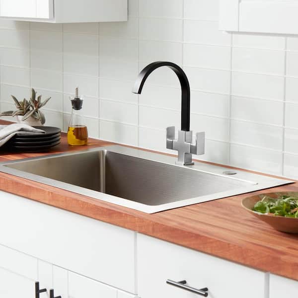 Farrington Contemporary Double-Handle High-Arc Standard Kitchen Faucet in Stainless Steel and Matte Black